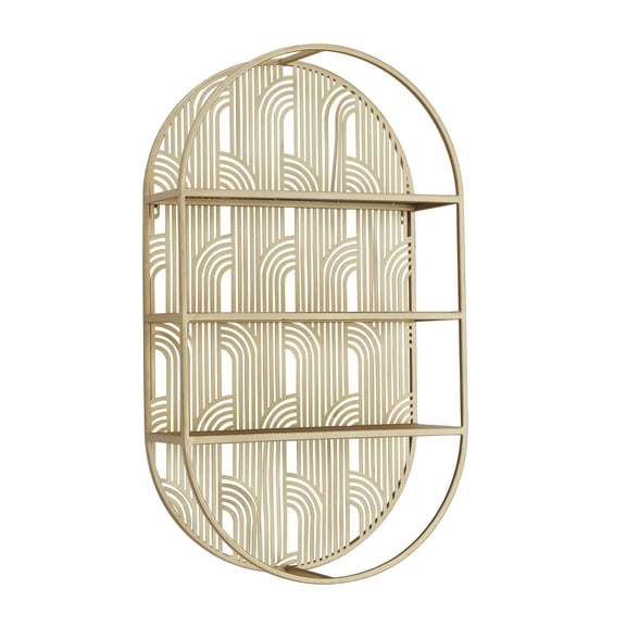 CosmoLiving by Cosmopolitan Glam Metal 3 Tier Oval Wall Shelf with Curved Line Pattern and Gold Polished Finish, 16"W x 28"H