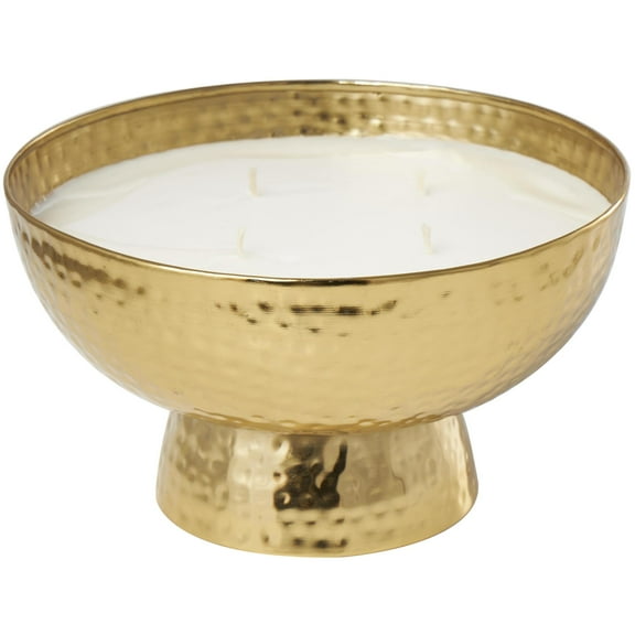 DecMode Gold Metal English Garden Scented Wide Hammered 70 oz 4 Wick Candle with White Wax