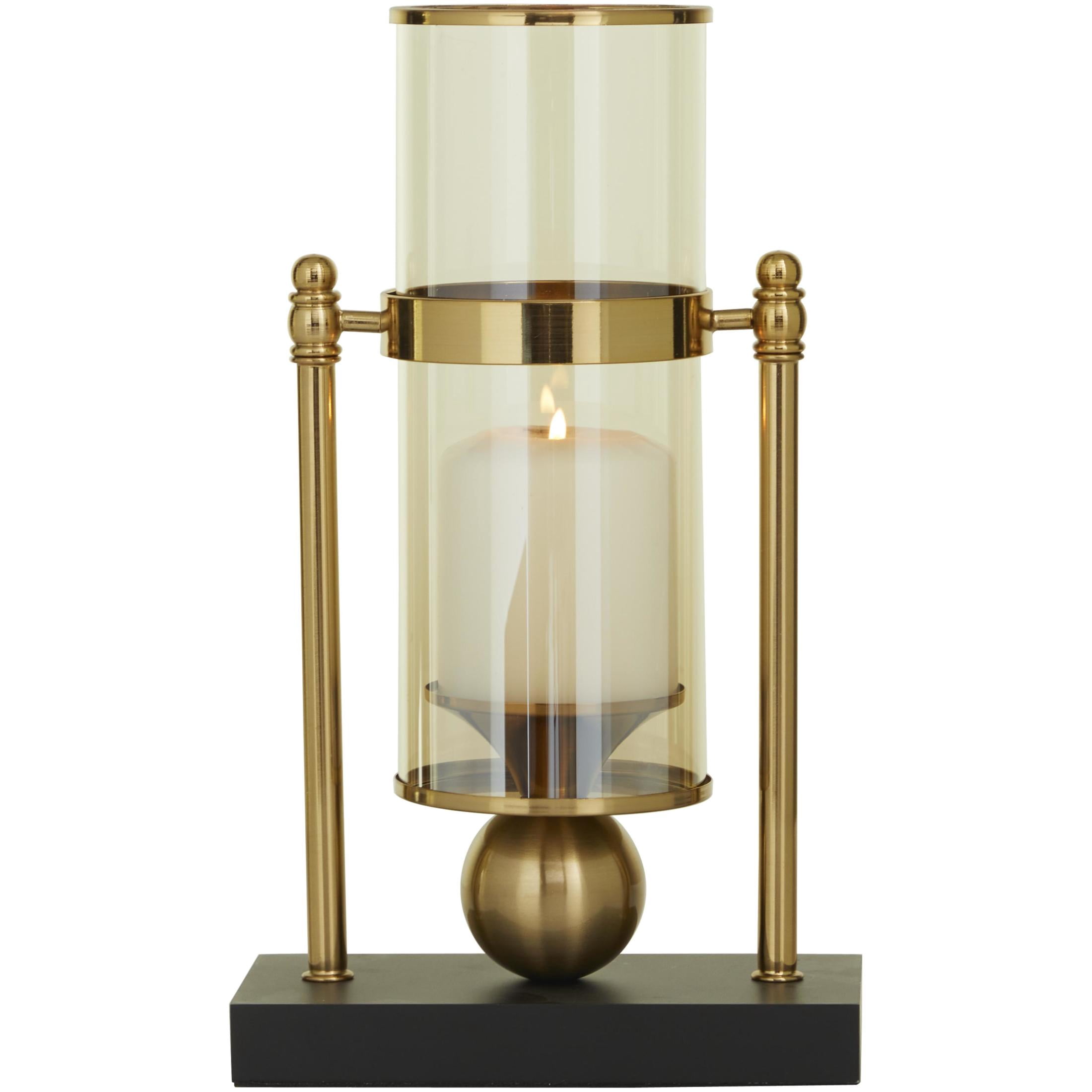 CosmoLiving by Cosmopolitan Gold Metal Iridescent Pillar Hurricane Lamp with Ball Accent and Black Base