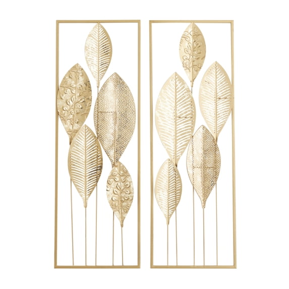 CosmoLiving by Cosmopolitan Gold Metal Tall Cut-Out Leaf Wall Decor with Gold Frame (2 Count)