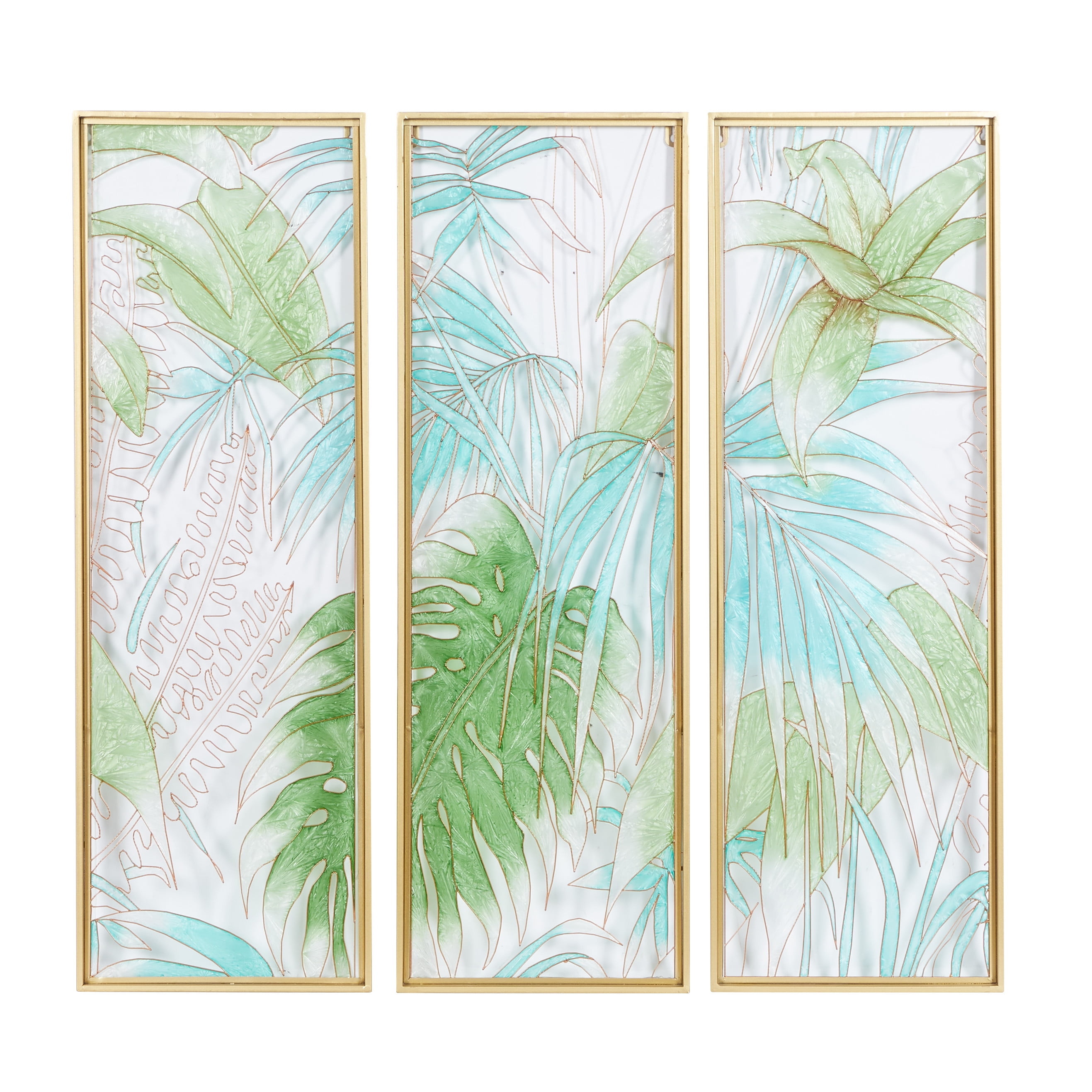 Green and Gold Tropical Leaf Tiffany Glass Framed Wall Decor Set