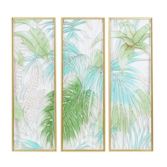 CosmoLiving by Cosmopolitan Green Glass Tropical Leaf Wall Decor with Gold Frame (3 Count)