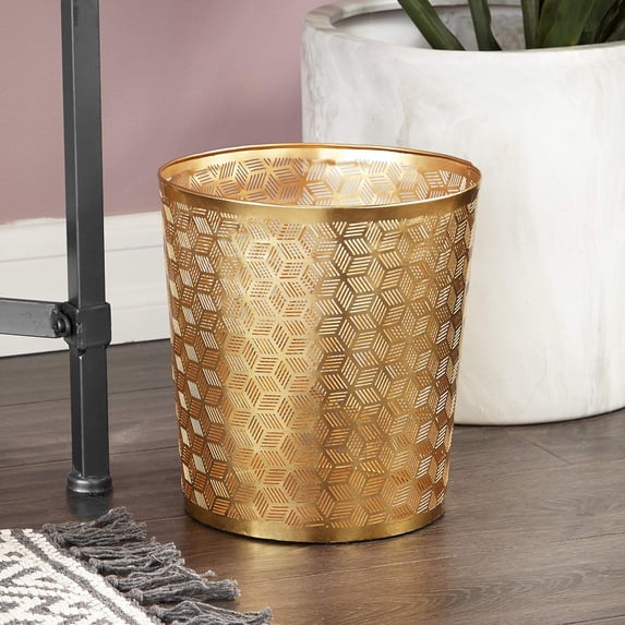 CosmoLiving by Cosmopolitan Metal Geometric Small Waste Bin Cube with Laser Carved Design, 9" x 9" x 10", Gold