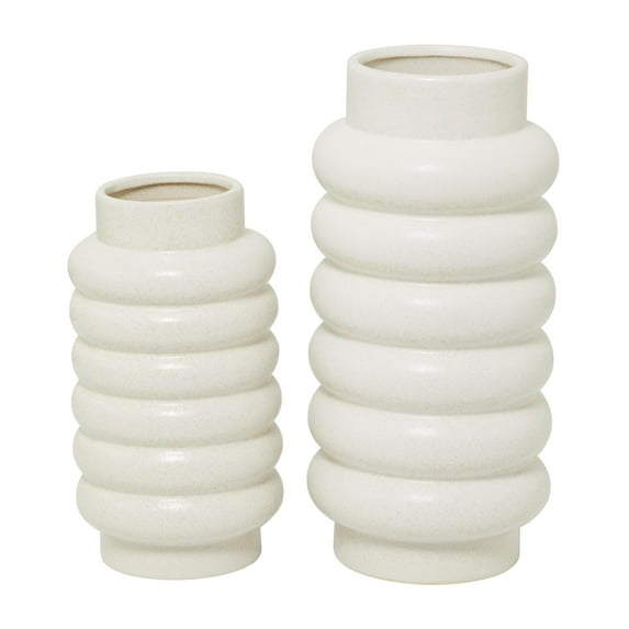 CosmoLiving by Cosmopolitan Modern Ceramic White Decorative Vase, Set of 2 16"W x 12"H with Ring Ribbing Design