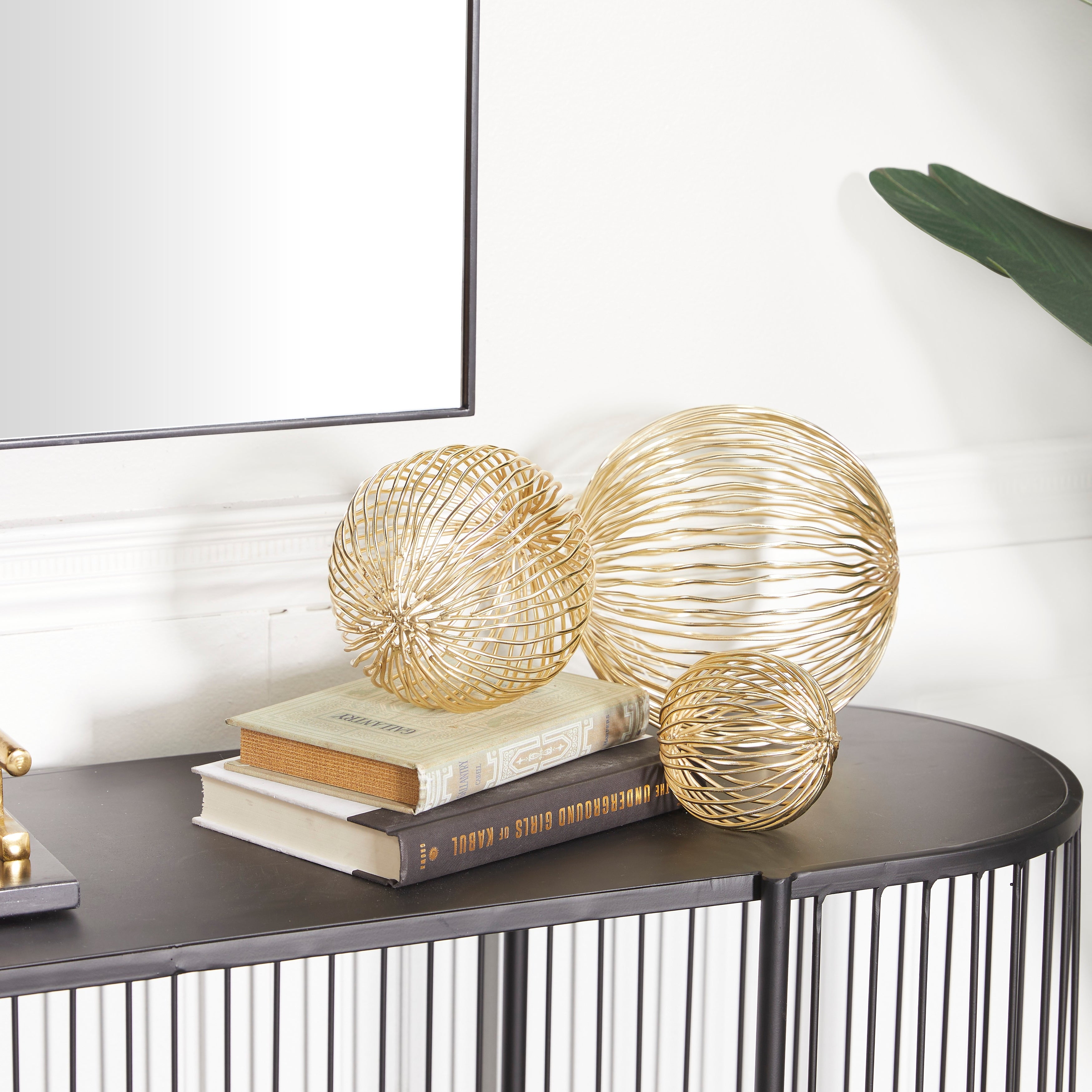 Gold Metal Geometric Wire Orb Sculpture Set