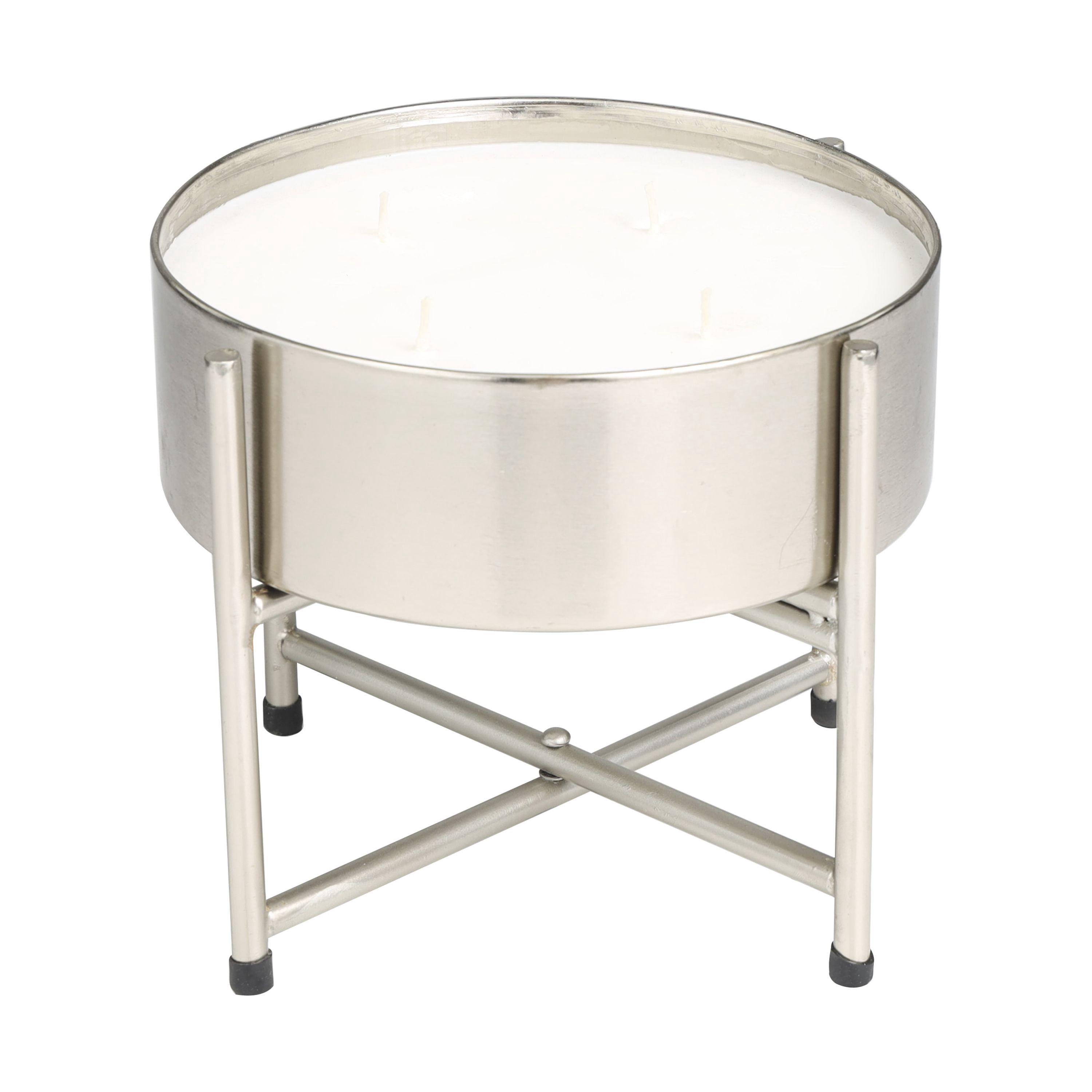 CosmoLiving by Cosmopolitan Silver Metal Sweet Bamboo Scented Wide 55 oz 4 Wick Candle with White Wax