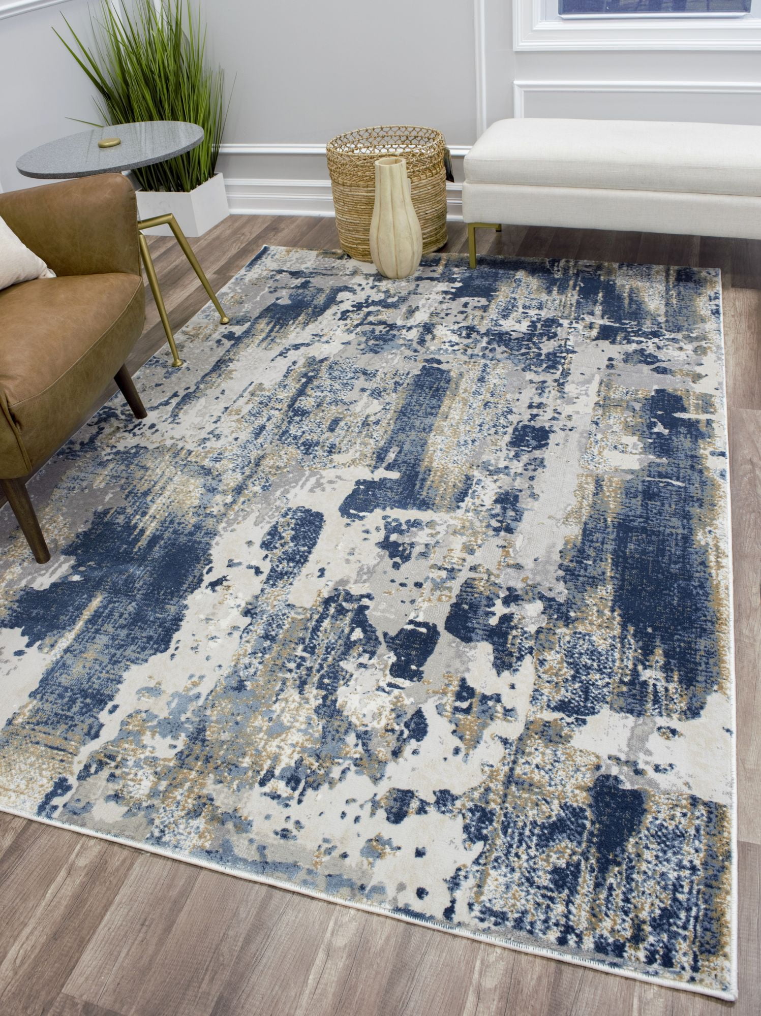 Sapphire Blue Synthetic 5' x 7' Transitional Abstract Area Rug