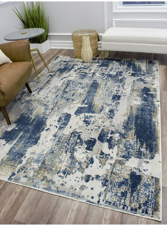 CosmoLiving by Cosompoitian Astor AD40D Sapphire Blue Transitional Abstract Ivory Area Rug, 5'3"x7'