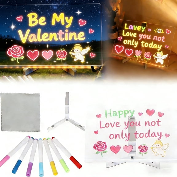 Valentine Led Drawing Board, Erasable Drawing Board with Night Light, 2026 New Writing Acrylic Message Board, LED Drawing Boards with Adjustable Stand and 7 Pens for Office Home