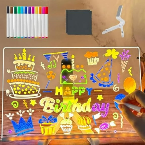 LED Drawing Board, Board LED Drawing Tablet, Doodle Glow LED Note Board, Home and Oak Creative Magic Board with 12 Colors, Light Up Acrylic Dry Erase Board (7.9*11.9in +12 pens)