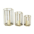 thumbnail image 1 of Cosmoliving by Cosmopolitan  Set of 3, 6", 8", 10"H Modern Glass Candle Holder/Lantern with Hexagon Silhouette, Metallic Gold Rims and Transparent Glass Panels, 1 of 12