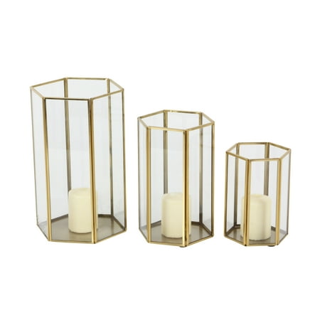 Cosmoliving by Cosmopolitan  Set of 3, 6", 8", 10"H Modern Glass Candle Holder/Lantern with Hexagon Silhouette, Metallic Gold Rims and Transparent Glass Panels