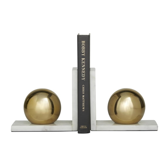 Cosmoliving by Cosmopolitan Marble Modern Decorative Bookends with Metallic Gold Balls 7"W x 6"H, Gold Finish with White Marble Stands