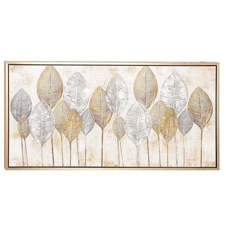 Cosmoliving by Cosmpolitan Contemporary Gold/Silver Leaves Canvas Framed Wall Art, 55"W x 27"H