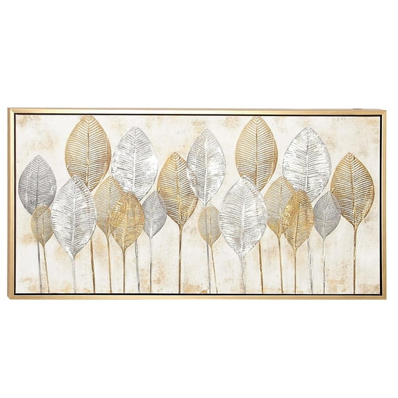 Cosmoliving by Cosmpolitan Contemporary Gold/Silver Leaves Canvas Framed Wall Art, 55"W x 27"H