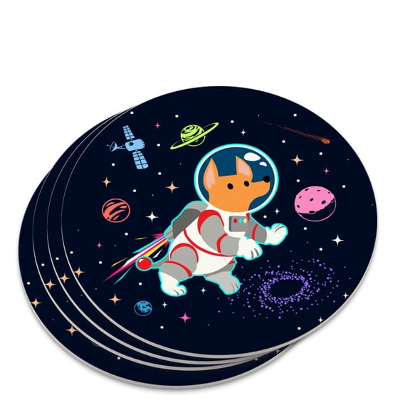 Cosmonaut Astronaut Dog in Space with Planets and Stars Novelty Coaster Set