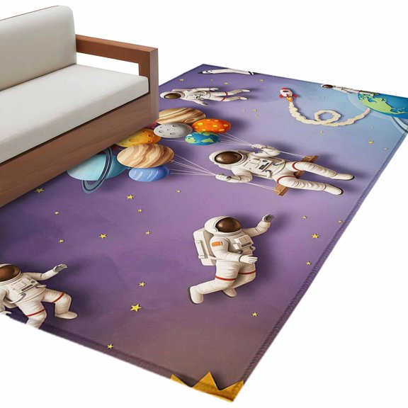 Cosmonaut Balloons Area Rug 4x6 Washable Rug Non Slip Purple Outer Space Universe Earth Large Area Rug Indoor Floor Carpet for Entryway Bedroom Kitchen Living Room Home Office Dining Room Nursery