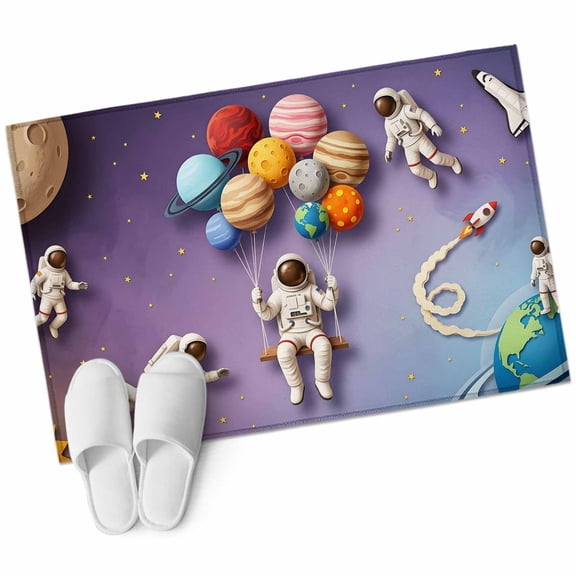 Cosmonaut Balloons Bathroom Rug Washable 2x3 Entryway Rug Non Slip Purple Outer Space Universe Earth Front Door Mat Low Pile Indoor Doormat Throw Floor Carpet for Kitchen Bedroom Entrance
