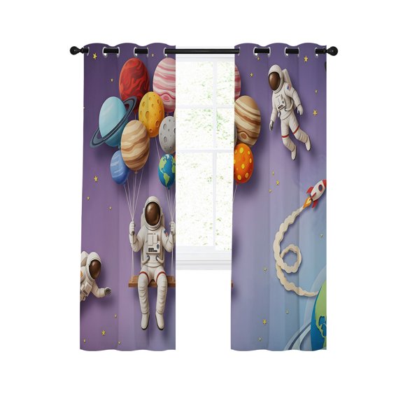 Cosmonaut Balloons Blackout Curtains 54 Inches Length, Purple Outer Space Universe Earth Window Treatment Thermal Insulated Drapes for Bedroom Living Room 2 Panels 84x54 Inches