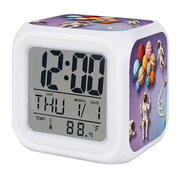 Cosmonaut Balloons Digital Alarm Clock for Bedrooms, Smart LED Alarm Clock with 7 Color Changing Night Light, Purple Outer Space Universe Earth Silent Wake Up Clocks for Sleep Study Cooking 3.2"x3.2"