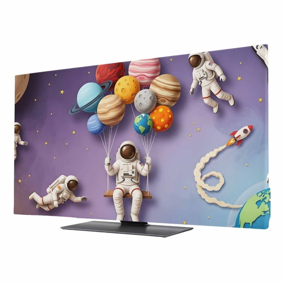 Cosmonaut Balloons TV Cover for 75 Inch Screen,Stretch Fabric Dustproof TV Display Protector,Purple Outer Space Universe Earth Elastic Slipcover Monitor Cover for Indoor Desktop Computer 65.4"x36.8"