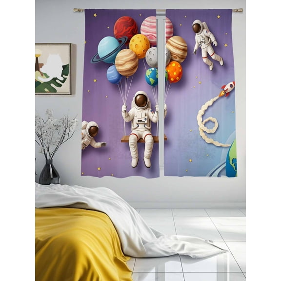 Cosmonaut Planet Balloon Space Shuttle Chiffon Sheer Curtains 63 Inches Long Cartoon Outer Space Star Rod Pocket Window Curtains Voile Drapes Curtains for Living Room Bedroom,2 Panels