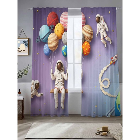 Cosmonaut Planet Balloon Space Shuttle Chiffon Sheer Curtains 84 Inches Long Cartoon Outer Space Star Rod Pocket Window Curtains Voile Drapes Curtains for Living Room Bedroom,2 Panels