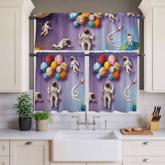 Cosmonaut Planet Balloon Space Shuttle Curtain Tier and Valance Set 3 Piece,Cartoon Outer Space Star 3-inch Rod Pocket Window Tier Curtains Valance for Kitchen Living Room