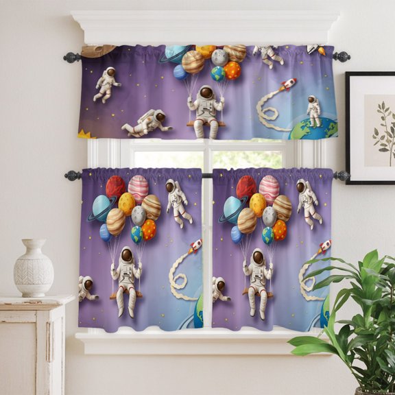 Cosmonaut Planet Balloon Space Shuttle Curtain Tier and Valance Set 3 Piece,Cartoon Outer Space Star 3-inch Rod Pocket Window Tier Curtains Valance for Kitchen Living Room