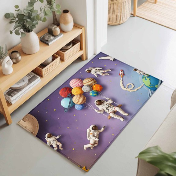 Cosmonaut Planet Balloon Space Shuttle Rectangle Rug 2'x3' Cartoon Outer Space Star Washable Area Rugs for Living Room Bedroom Entryway Non Slip Entrance Door Mat Indoor Floor Carpet