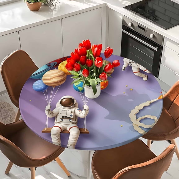 Cosmonaut Planet Balloon Space Shuttle Round Fitted Tablecloth with Elastic Edge,Waterproof Table Cloth Fits 36"-44"Tables,Wipeable Table Cover for Indoor Outdoor Dinning,Cartoon Outer Space Star