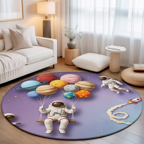 Cosmonaut Planet Balloon Space Shuttle Round Rug 5ft Cartoon Outer Space Star Washable Area Rugs for Living Room Bedroom Entryway Non Slip Entrance Door Mat Indoor Floor Carpet