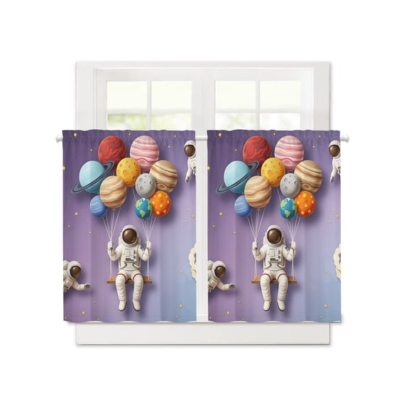 Cosmonaut Planet Balloon Space Shuttle Short Blackout Curtains 36 Inch Long,Cartoon Outer Space Star Rod Pocket Kitchen Curtains,2 Panels Thermal Insulated Room Darkening Drapes for Bedroom,30"Wx36"L