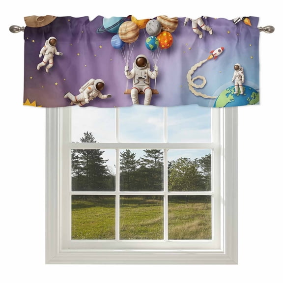 Cosmonaut Planet Balloon Space Shuttle Valances for Windows Cartoon Outer Space Star Rod Pocket Curtain Valance Window Treatment Short Curtains for Kitchen Living Room,42x12in