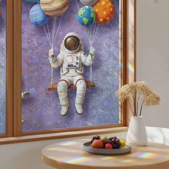 Cosmonaut Planet Balloon Space Shuttle Window Privacy Film,Heat Control Sun Blocking Static Cling Rainbow Film,Cartoon Outer Space Star Non-Adhesive Glass Sticker Door Window Tint,17.7" x 39.3"