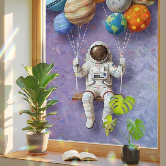 Cosmonaut Planet Balloon Space Shuttle Window Privacy Film, Rainbow Film Decorative Window Sticker 17.7x39.3in, Cartoon Outer Space Star Sun Blocking Static Stained Glass Cling Tint Non-Adhesive