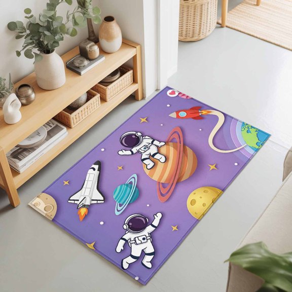 Cosmonaut Planet Rocket Ship Rectangle Rug 2'x3' Cartoon Outer Space Purple Washable Area Rugs for Living Room Bedroom Entryway Non Slip Entrance Door Mat Indoor Floor Carpet