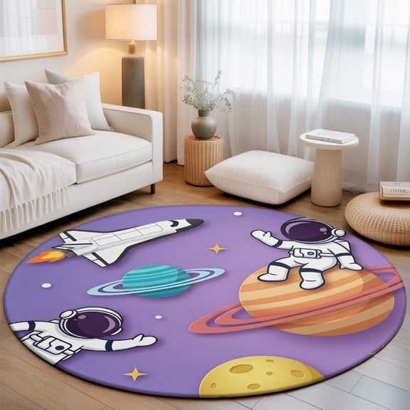 Cosmonaut Planet Rocket Ship Round Rug 5ft Cartoon Outer Space Purple Washable Area Rugs for Living Room Bedroom Entryway Non Slip Entrance Door Mat Indoor Floor Carpet