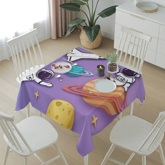 Cosmonaut Planet Rocket Ship Table Cloth 54x54in, Waterproof Square Tablecloth Wipeable Tablecloths Cartoon Outer Space Purple Table Covers for Dining Tables Party Indoor Outdoor