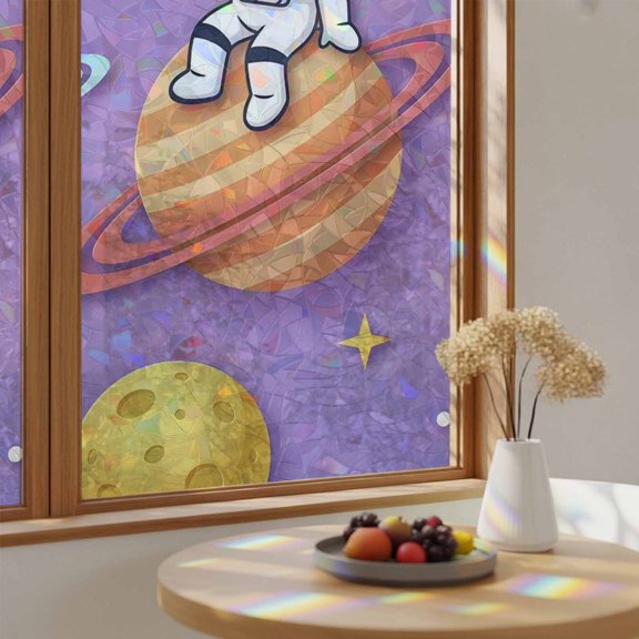 Cosmonaut Planet Rocket Ship Window Privacy Film,Heat Control Sun Blocking Static Cling Rainbow Film,Cartoon Outer Space Purple Non-Adhesive Glass Sticker Door Window Tint,17.7" x 39.3"