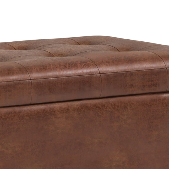Cosmopolitan 34 inch Wide Storage Ottoman in Distressed Saddle Brown Vegan Leather