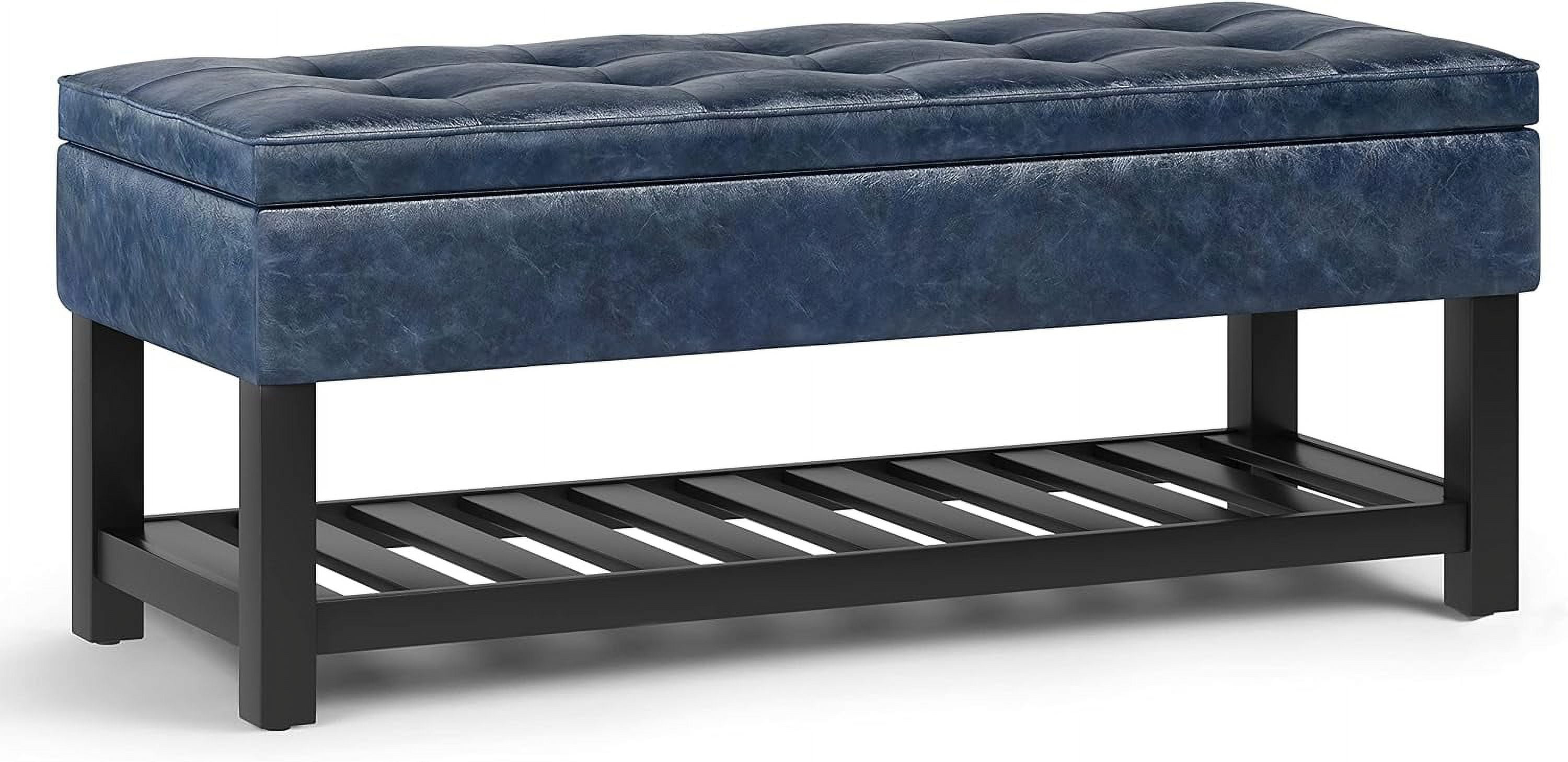 Denim Blue Faux Leather Tufted Ottoman Bench with Open Storage