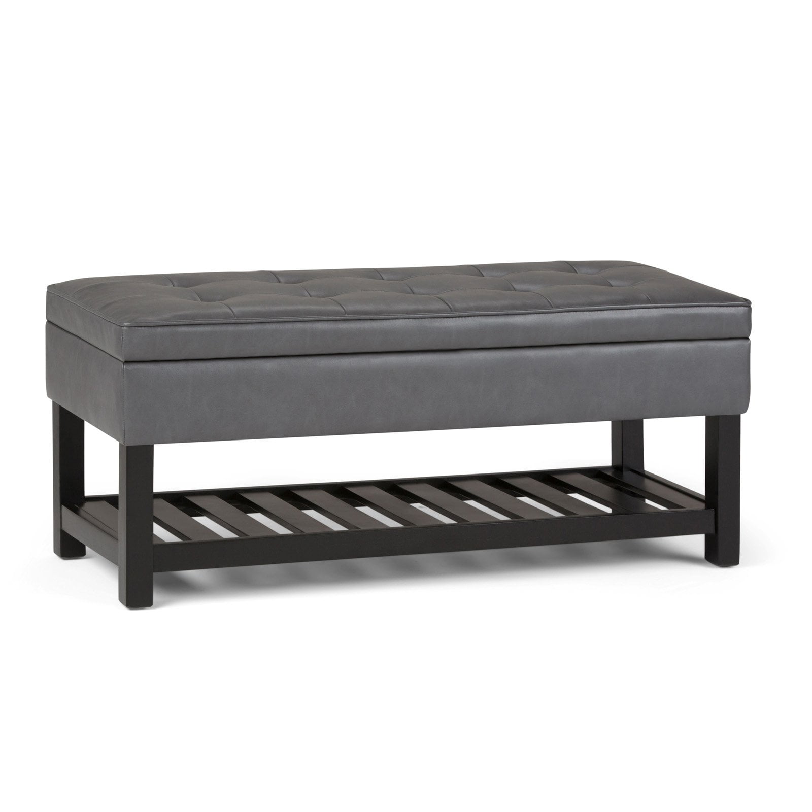 Stone Grey Tufted Faux Leather Storage Bench with Open Bottom