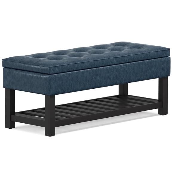 Cosmopolitan 44 inch Wide Rectangle Storage Ottoman Bench with Open Bottom in Denim Blue Vegan Leather