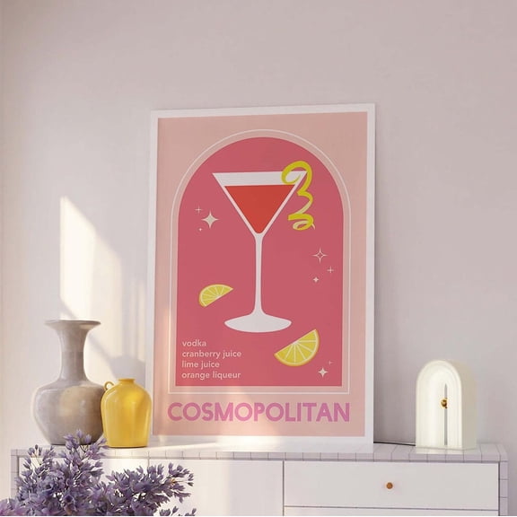 Cosmopolitan Cocktail Poster Cute Red Cosmo Bar Art Kitchen Wall Poster, Unframed Size 16x24