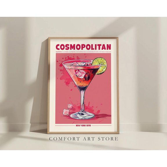 Cosmopolitan Cocktail Print. Classic Alcohol Cocktail. Retro Cocktail Exhibition Poster. Home Bar Cart Decor Cosmopolitan Cocktail Printable, Unframed Poster Size 8x12