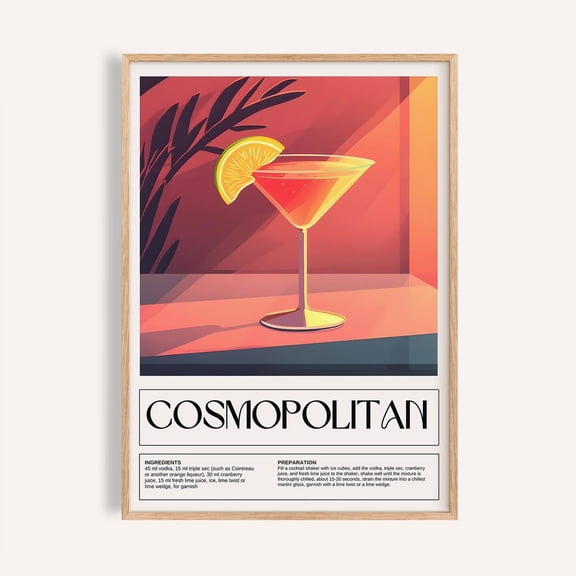 Cosmopolitan Cocktail Recipe Wall Art, Modern Kitchen Bar Decor, Unframed Paper Poster 8x10in