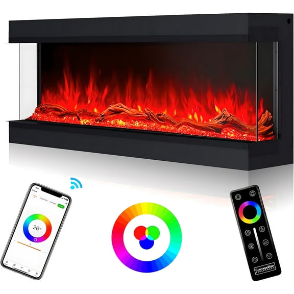 Cosmopolitan Fireplaces Phoenix Omnivue 56-inch 3 Sided Electric Fireplace Built-in with Realistic Flames, Low Noise 3000/1500Watt Fireplace Heater