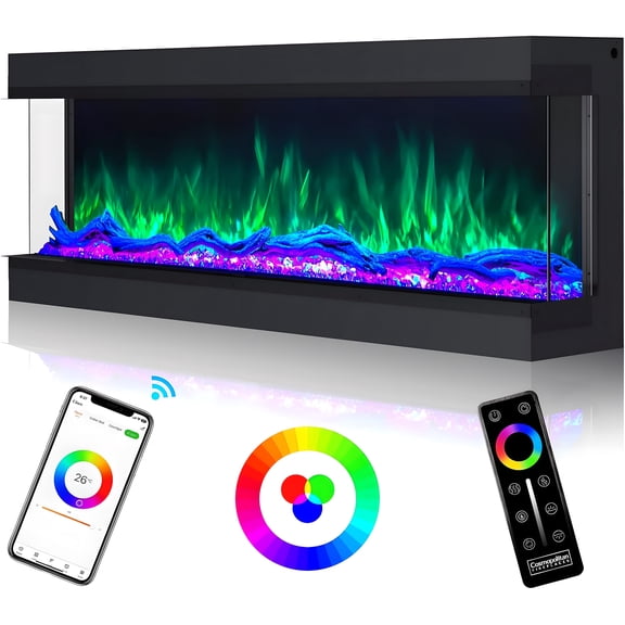 Cosmopolitan Fireplaces Phoenix Omnivue 68-inch 3 Sided Electric Fireplace Built-in with Realistic Flames, Low Noise 3000/1500Watt Fireplace Heater