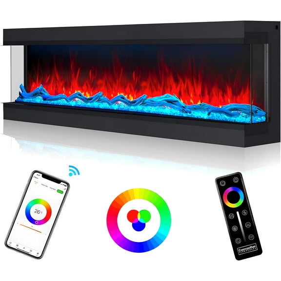 Cosmopolitan Fireplaces Phoenix Omnivue 80-inch 3 Sided Electric Fireplace Built-in with Realistic Flames, Low Noise 3000/1500Watt Fireplace Heater